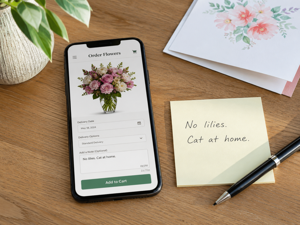 A flower order page with a note saying no lilies because the recipient has a cat
